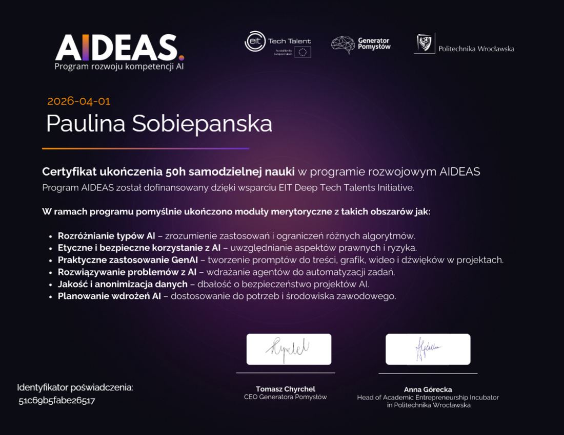 Certyfikat: AIDEAS. Program rozwoju kompetencji AI (Generator Pomysłów, Politechnika Wrocławska)