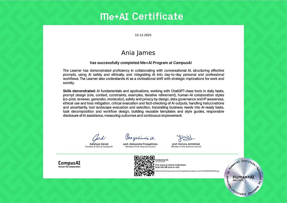 Certyfikat: Me+AI Program (CampusAI, Human+AI Institute)