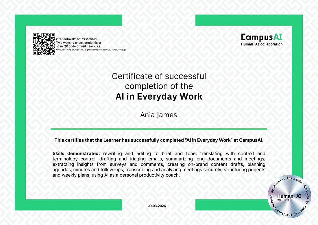 Certyfikat: AI in Everyday Work (CampusAI, Human+AI Institute)