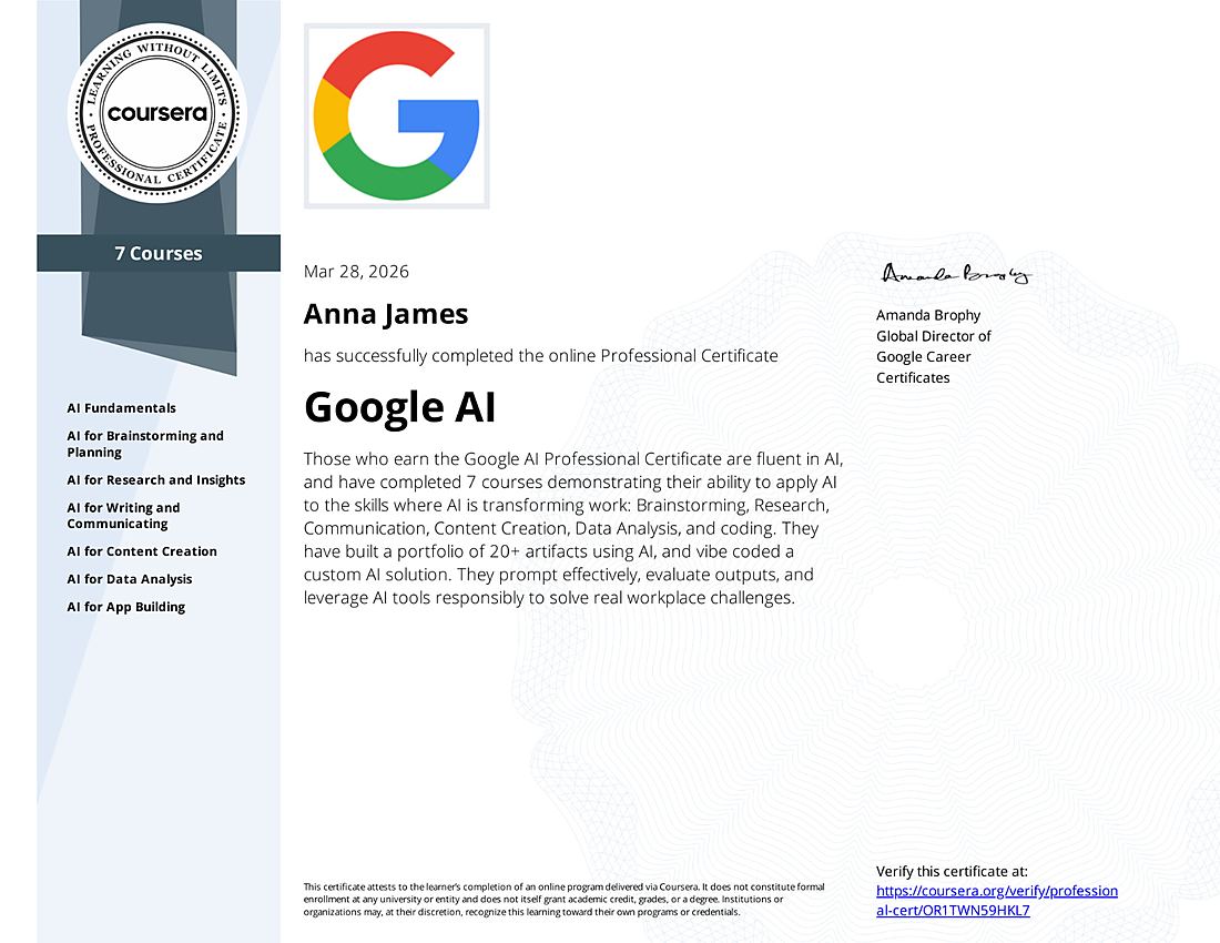 Certyfikat: Google AI Professional Certificate (Google, Coursera)