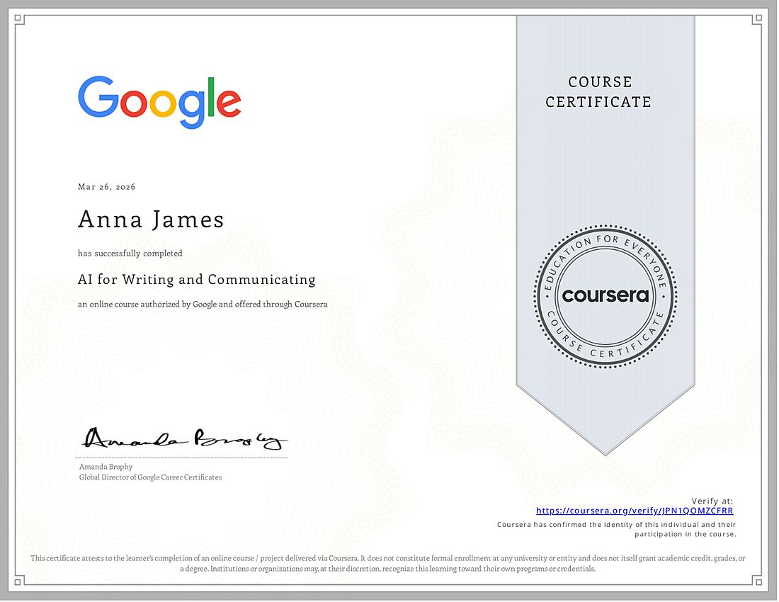 Certyfikat: AI for Writing and Communicating (Google, Coursera)
