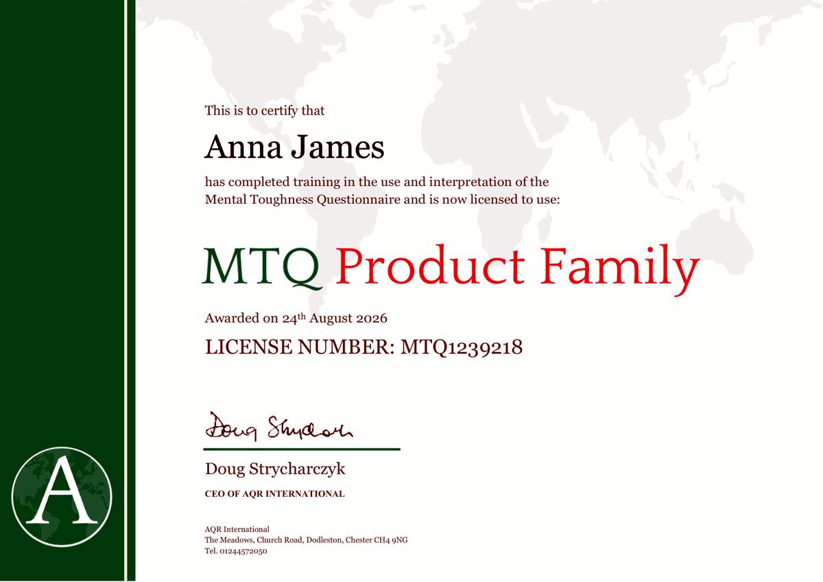Certyfikat: Mental Toughness Questionnaire (MTQ) (AQR International)