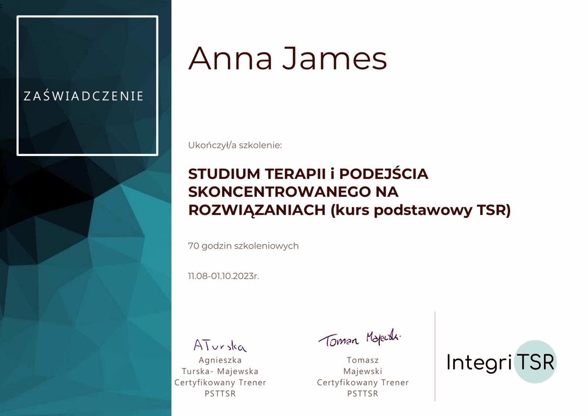 Certyfikat: Studium Terapii i Podejścia Skoncentrowanego na Rozwiązaniach (Integri TSR)