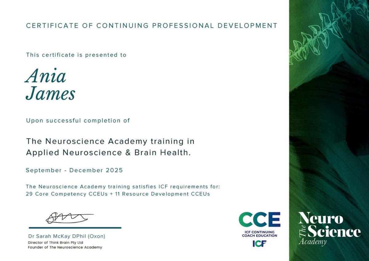 Certyfikat: Applied Neuroscience & Brain Health (The Neuroscience Academy, akredytacja ICF)