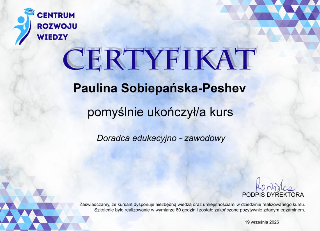 Certyfikat: Doradca edukacyjno-zawodowy (Centrum Rozwoju Wiedzy)