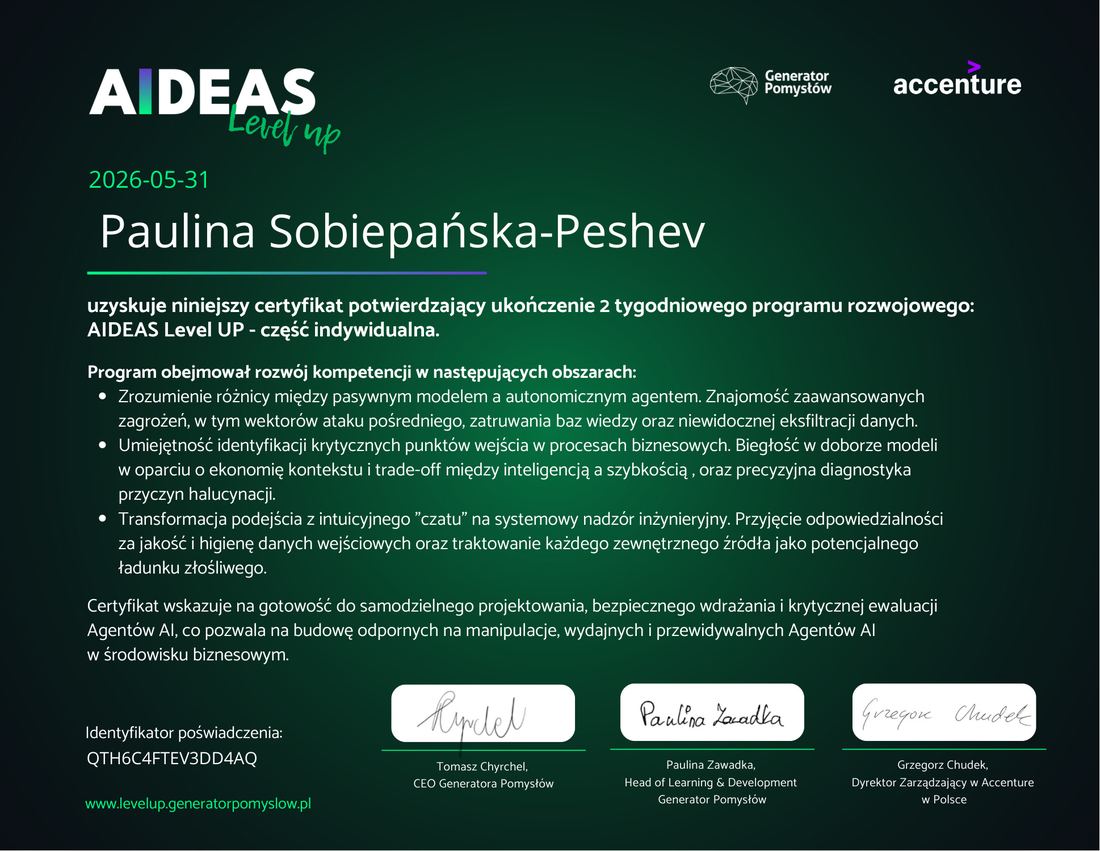 Certyfikat: AIDEAS Level UP - część indywidualna (Generator Pomysłów, Accenture)