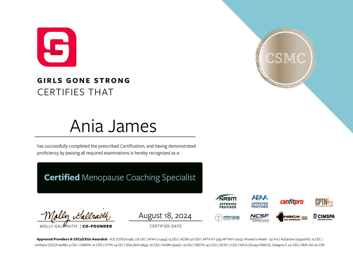 Certyfikat: Certified Menopause Coaching Specialist (Girls Gone Strong)