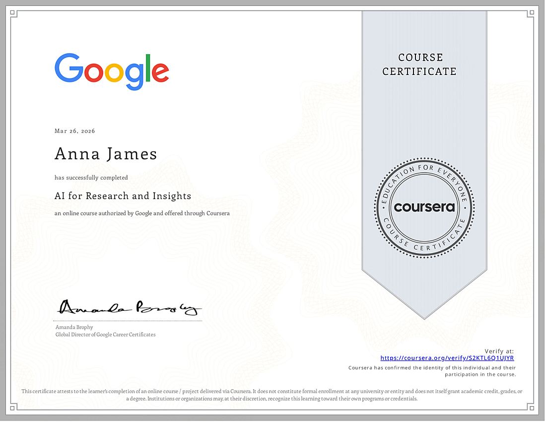 Certyfikat: AI for Research and Insights (Google, Coursera)