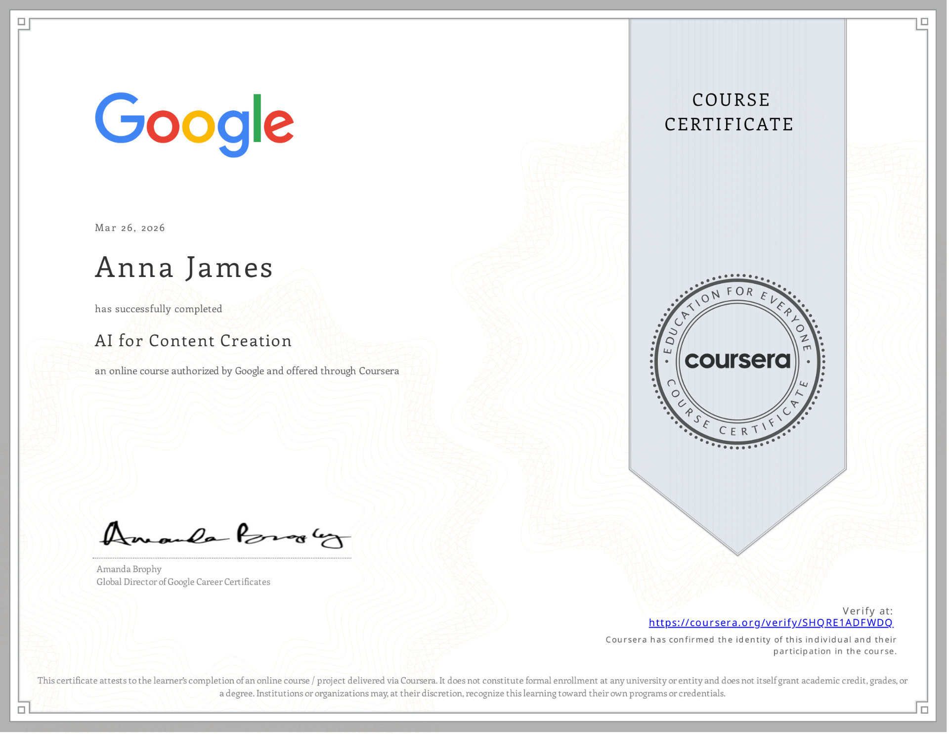 Certyfikat: AI for Content Creation (Google, Coursera)