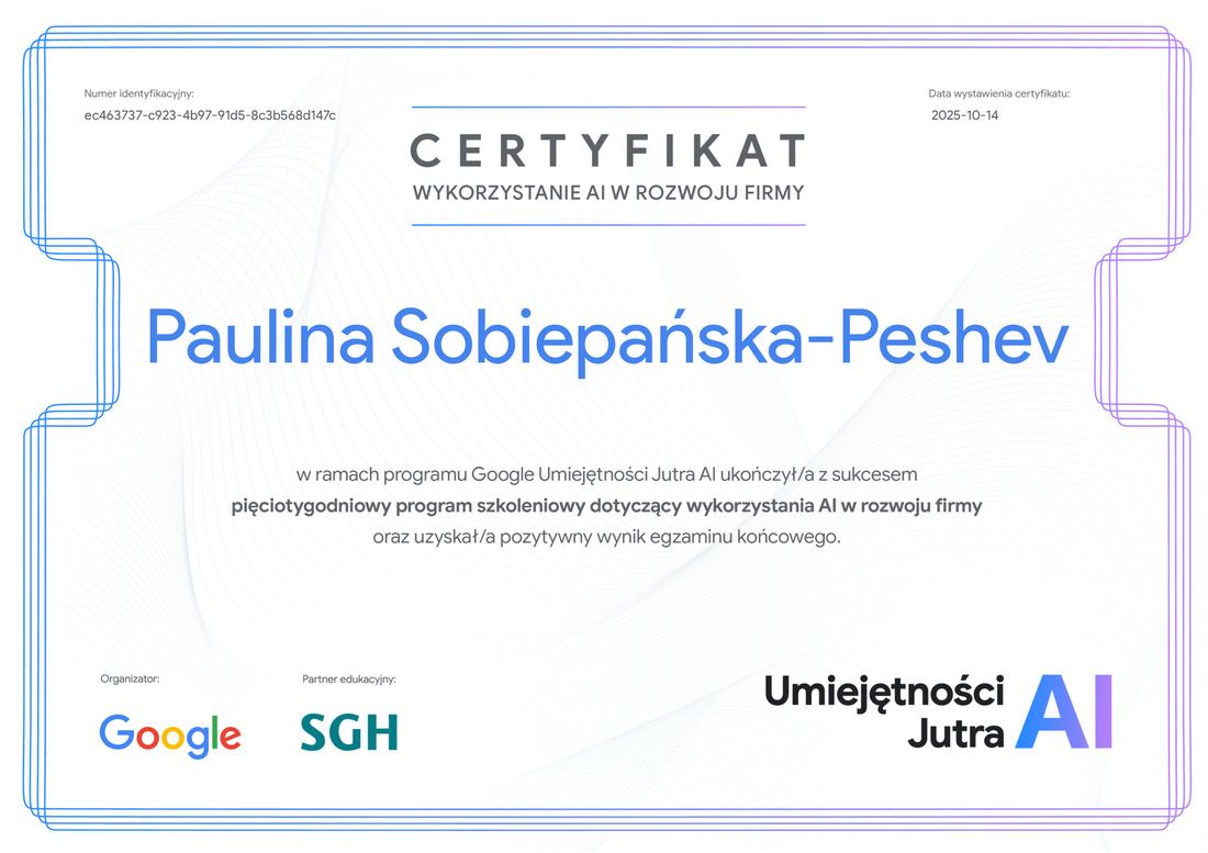 Certyfikat: Wykorzystanie AI w rozwoju firmy (Google Umiejętności Jutra AI, SGH)